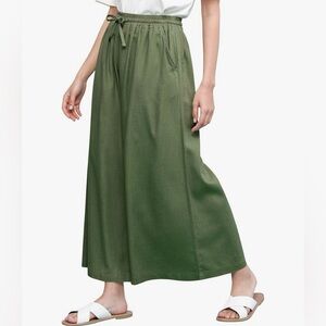 Washed Linen Casual Loose Wide Leg Pants Pocket Pant with Draw String -green